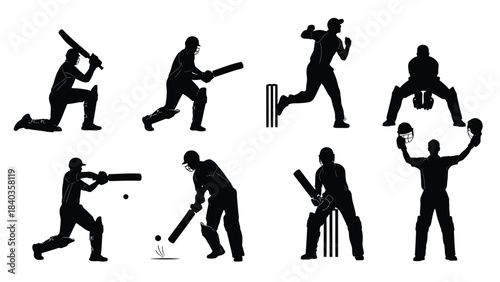Silhouettes of cricket players in various action poses and positions