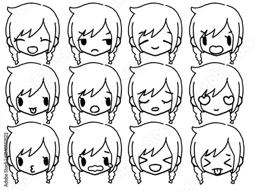 手描きの女の子表情セット、線画