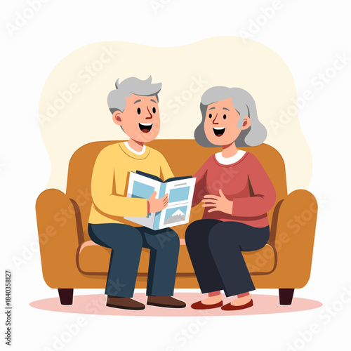 Elderly couple holding photo album, happy moments, cozy living room