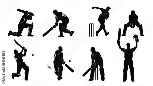 Silhouettes of cricket players in various action poses vector illustration