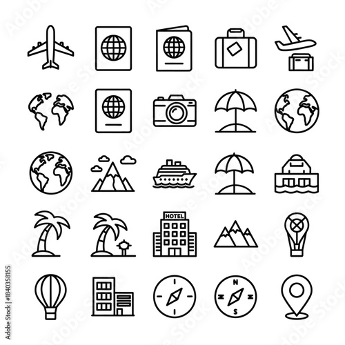 Collection of Black and White Travel Icons Representing Various Vacation and Journey Elements.