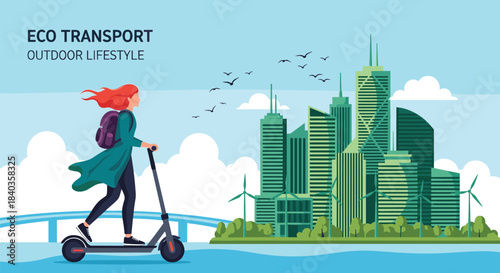 Woman riding an electric scooter as eco-friendly transport, promoting an outdoor lifestyle in a modern green city with skyscrapers.