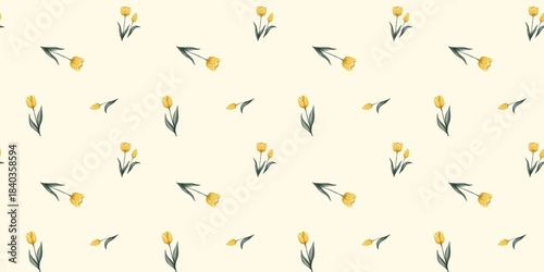 Spring seamless pattern with yellow tulip on beige background