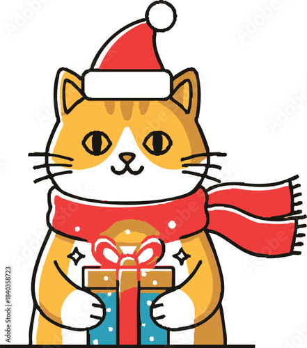 Festive Christmas Cat Logo with Santa Hat and Gift – Vector Illustration”
