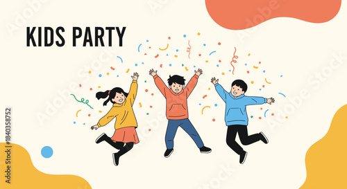 Three happy, diverse children jumping for joy under falling confetti, celebrating at a fun and exciting kids birthday party.