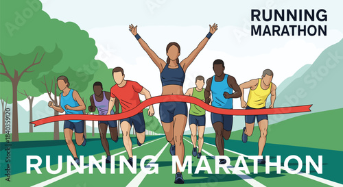 Female athlete celebrating her victory as she crosses the red finish line tape to win a competitive running marathon race.