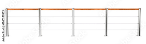 3d render of a modern deck railing with wooden handrail. stainless steel posts and cable wire infill for outdoor balcony safety.
