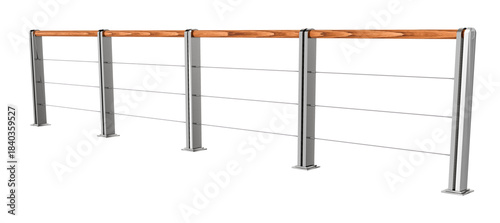 isolated metal balustrade system with timber top rail. architectural stainless steel cable railing for modern building design.