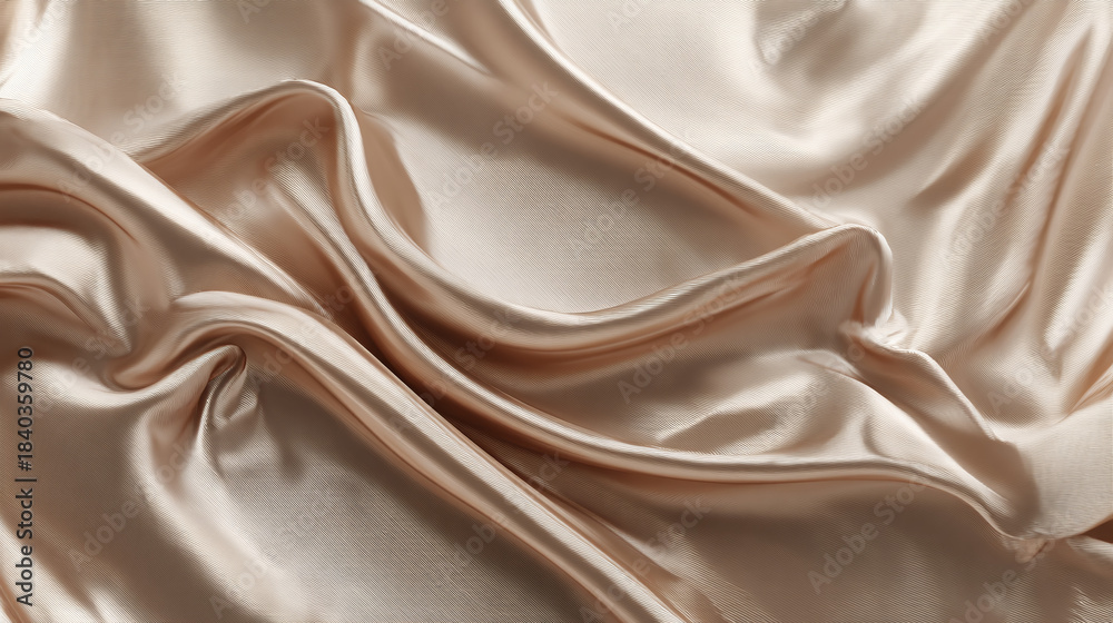 Obraz premium A close-up shot of a beige silk fabric with graceful folds and shadows that add depth and texture. The luxurious material has a soft, shimmering appearance
