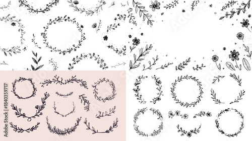 Hand drawn floral wreaths and botanical elements in delicate sketch style. Ideal for wedding invitations, logos, stationery, decorative borders, and elegant design projects.