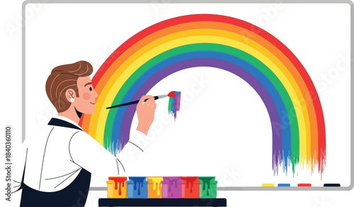 designer painting rainbow on white background