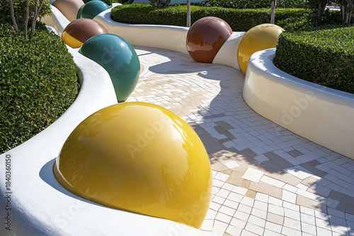 Whimsical playground features colorful spherical structures along winding pathway, creating playful atmosphere