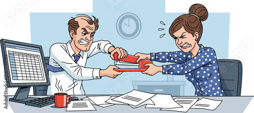 coworker fighting over on white background