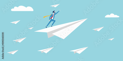 Man riding a paper airplane among clouds symbolizing ambition and success