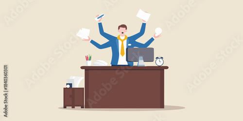 Overwhelmed businessman joyfully juggling papers and work at his desk