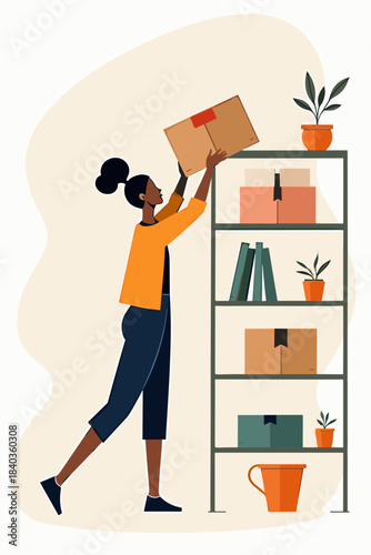 Woman lifting box from shelf, organized storage, home productivity