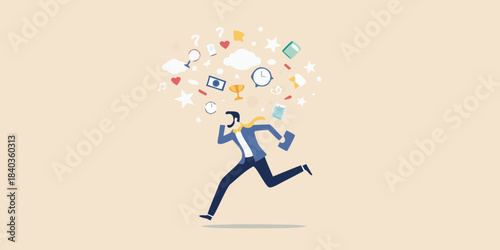 A businessman running with a burst of ideas and concepts overhead