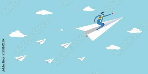 A businessman flies through the sky on a paper airplane achieving his goals