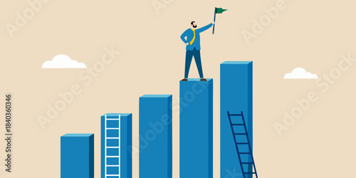 A person celebrates success atop a growing bar graph holding a green flag