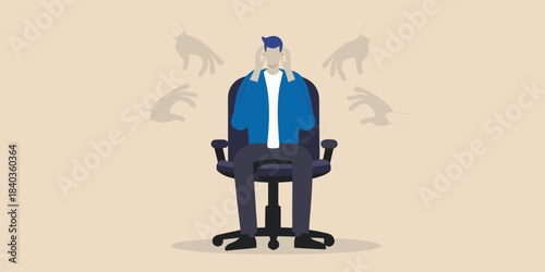 A person sitting in a chair surrounded by multiple shadowy reaching hands