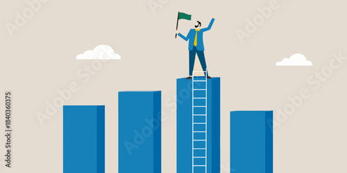 Business success a man celebrates reaching the top of a growth ladder