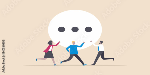 People reaching towards a speech bubble representing communication and discussion