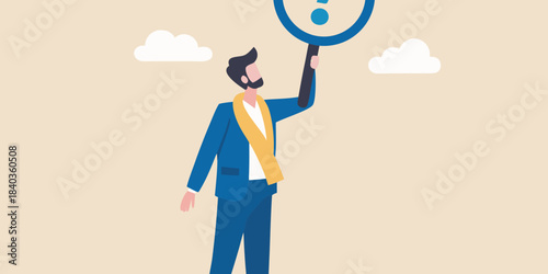 A man contemplates a question mark held aloft against a cloudy sky