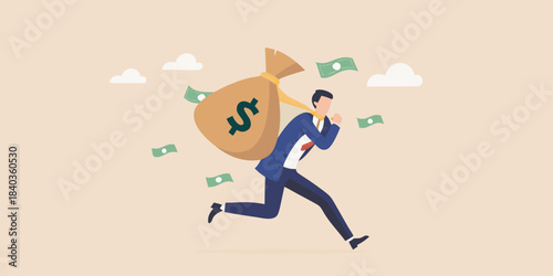A businessman is running away with a bag full of money and cash
