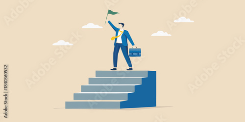 Business professional celebrates success atop stairs raising a green flag victoriously
