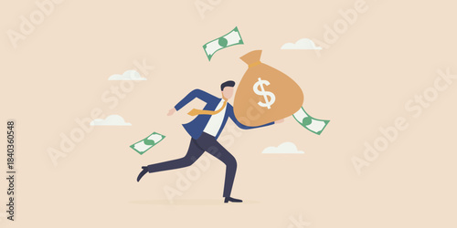 A businessman is running away with a bag of money losing some along the way