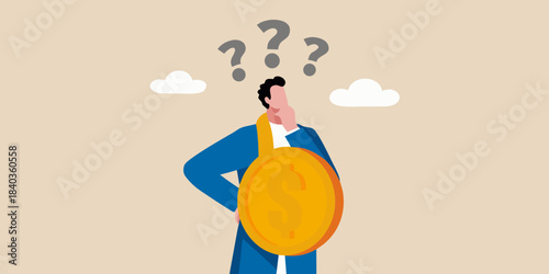 A man contemplating questions and holding a large golden coin