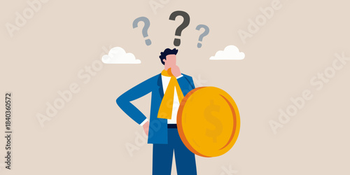 A man contemplates questions above his head while holding a golden coin