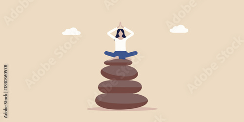 A person meditating on a stack of balanced stones with clouds above