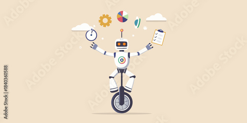 A charming robot skillfully balances on a unicycle with various icons