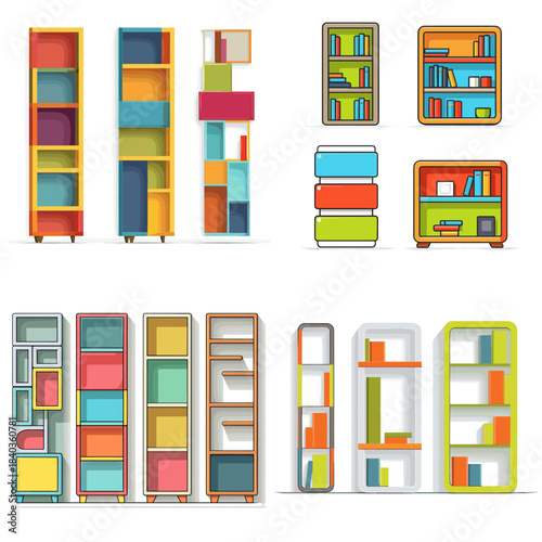 Vibrant illustration of colorful bookshelves and storage units in modern shapes. Ideal for interior design themes, home decor concepts, catalog visuals, and creative layouts.