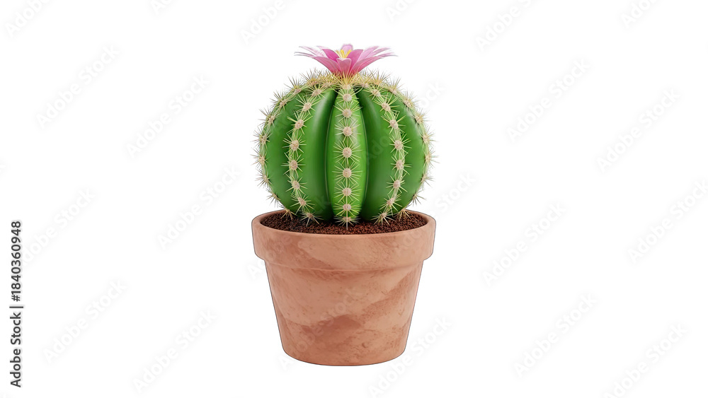 Fototapeta premium Blooming Cactus in a Terracotta Pot on White Background
