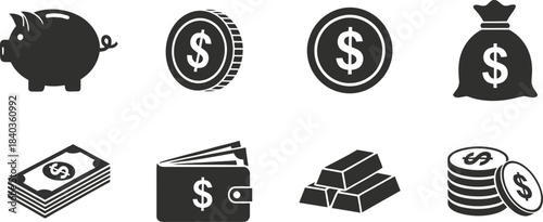 Money savings icons set including piggy bank and gold