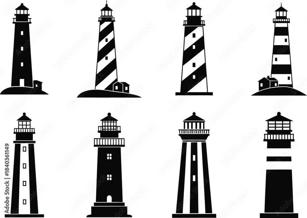 Obraz premium Collection of vintage lighthouse illustrations in black and white