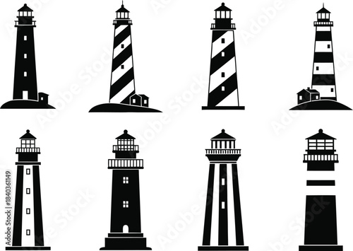 Collection of vintage lighthouse illustrations in black and white