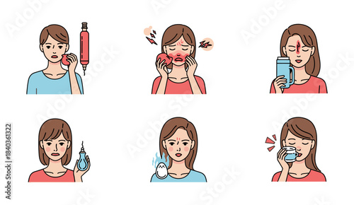 Facial Skin Problems and Home Treatment Solutions Set. Icons illustrating different methods for relief and healing.