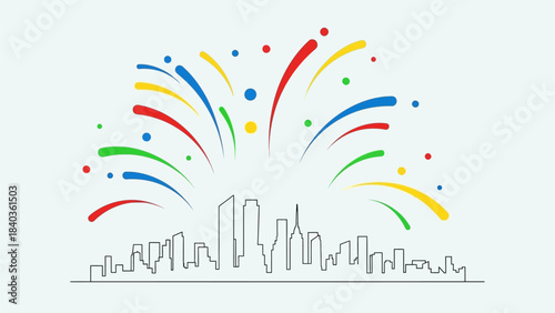 A minimalist line art illustration of a city skyline with vibrant, colorful fireworks exploding above it, featuring red, blue, yellow, and green bursts.