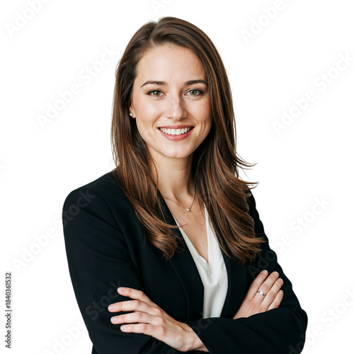 Professional businesswoman smiling confidently with arms crossed isolated on transparent background