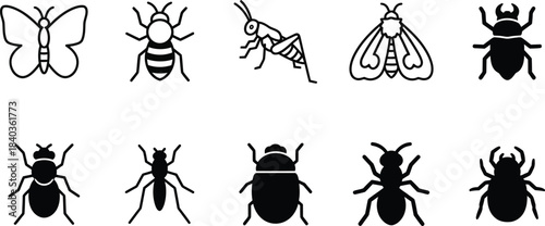 Collection of various insect line icons black and white