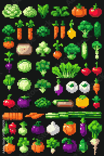 Pixel art. Many kinds of fruit. Vegetables. Black background.