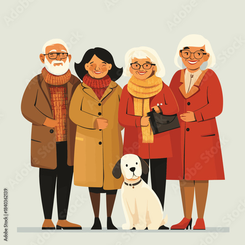 Diverse group of happy seniors enjoying life together with a charming puppy promoting joyful retirement and companionship in later years , vector style simple color