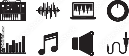 Music Production and Audio Icons Set Keywords: music, audio, sound, production, icon, set