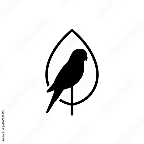 Budgie silhouette nested inside leaf outline vector illustration