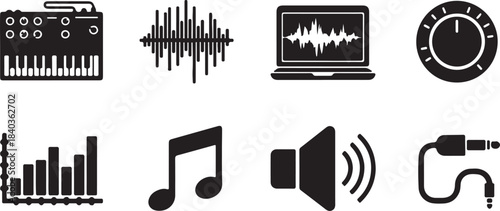 Music Production and Audio Icons Set Keywords: music, audio, sound, production, icon, set