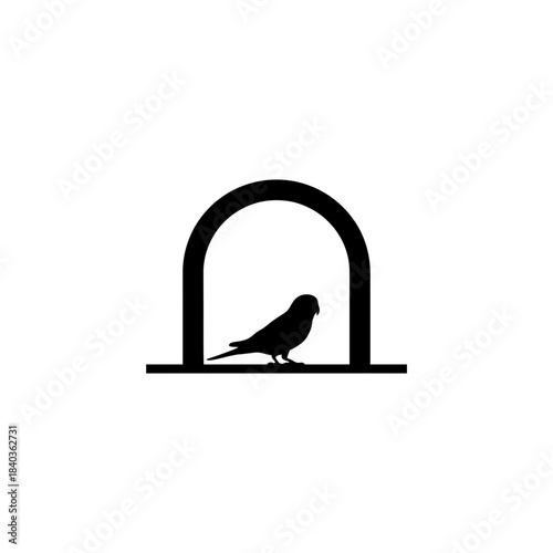 Budgie silhouette arched branch gate entry vector illustration