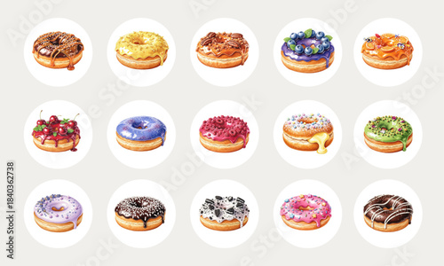 Watercolor Variety Set of Colorful Glazed Donuts and Doughnuts